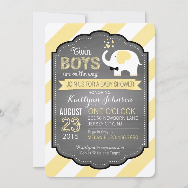 Invitación Elefante blanco y Baby Shower de banda (Anverso)