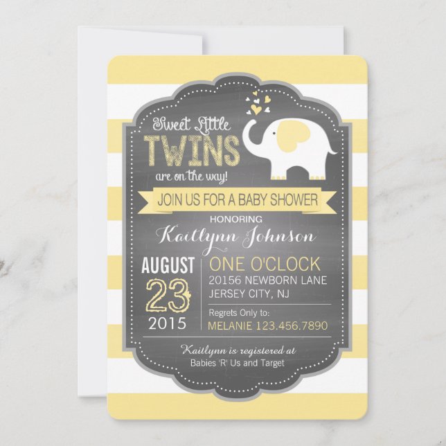 Invitación Elefante blanco y Baby Shower de banda (Anverso)
