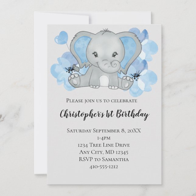 Invitación Elefante Blue Baby Boy Balloons cumpleaños (Anverso)