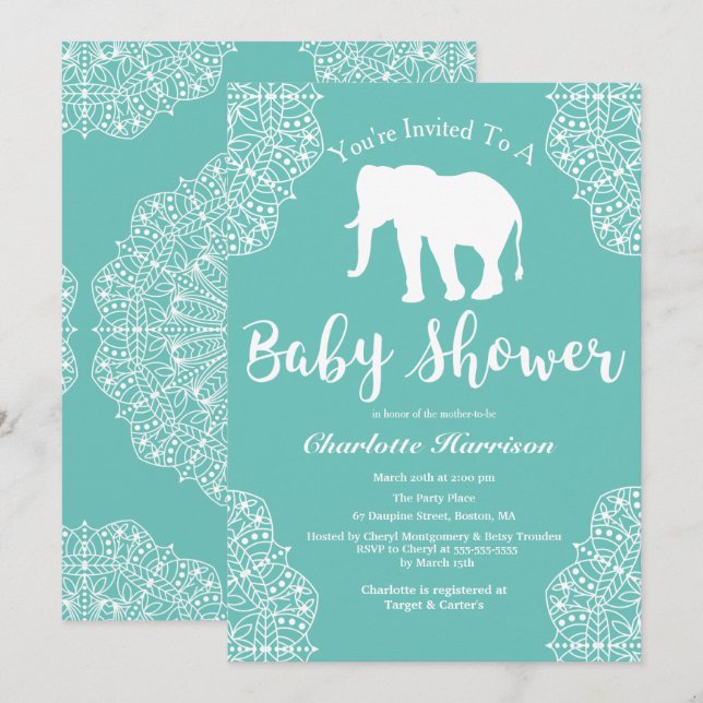 Invitación Elefante Bohemian Elegant Mandalas Baby Shower (Anverso / Reverso)