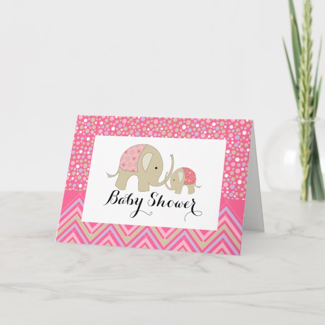 Invitación Elefante bohemio rosa y Baby Shower Chevron (Anverso)