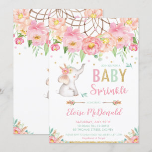 Invitación Elefante Boho Chica Espolvoroso de leche rosa Flor