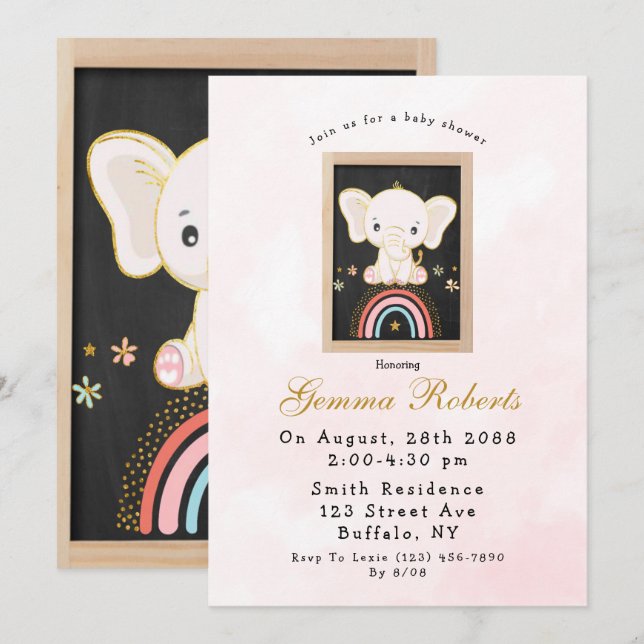 Invitación Elefante boho sentado en Baby Shower, Chica arcoir (Anverso / Reverso)