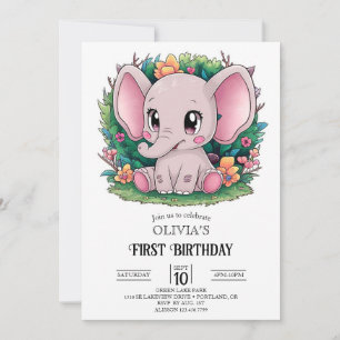 Invitación Elefante bonito 1er cumpleaños digital