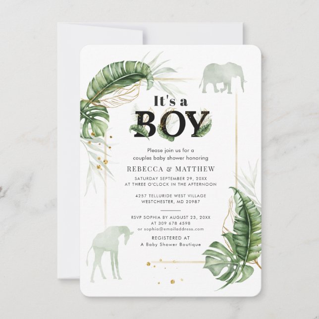 Invitación Elefante Botánico y Parejas de Giraffe Baby Shower (Anverso)
