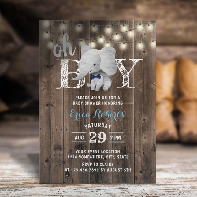 Invitación Elefante Boy Rustic Barn Wood Baby Shower (Subido por el creador)