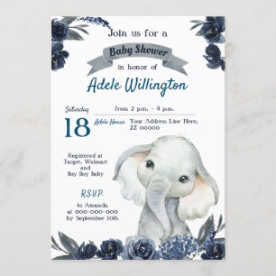 Invitación Elefante Boy Watercolor Floral Marina Azul Bebé In