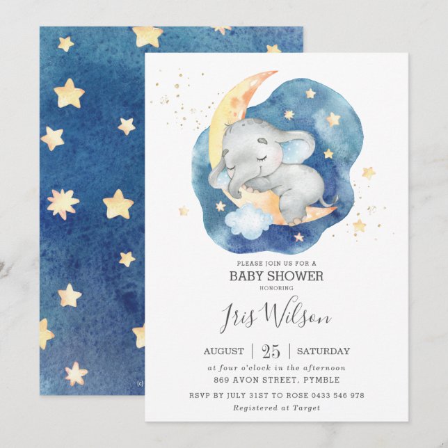 Invitación Elefante caprichoso Estrella Baby Shower Boy (Anverso / Reverso)