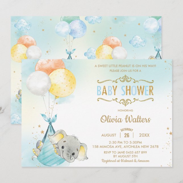 Invitación Elefante caprichoso niño Baby Shower (Anverso / Reverso)