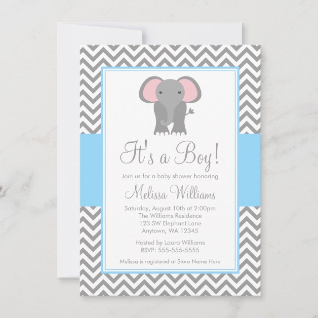 Invitación Elefante Chevron Baby Shower gris azul claro (Anverso)