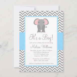 Invitación Elefante Chevron Baby Shower gris azul claro