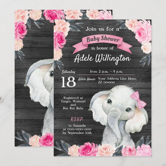 Invitación Elefante chica acuarela Floral Roses rosados Mader (Anverso / Reverso)