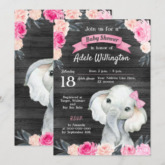 Invitación Elefante chica acuarela Floral Roses rosados Mader