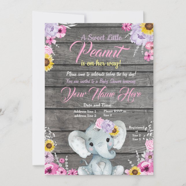 Invitación Elefante chica Baby Shower, amarillo púrpura rosa (Anverso)