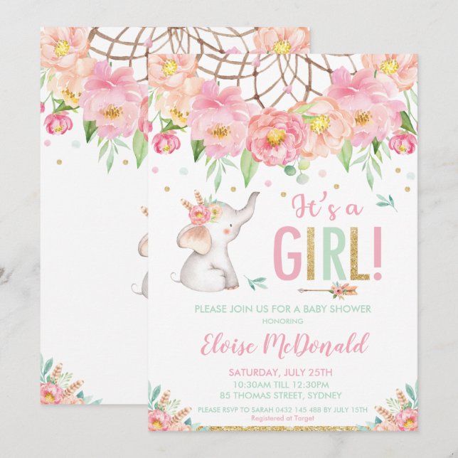 Invitación Elefante Chica Baby Shower Boho Pink Mint Floral (Anverso / Reverso)