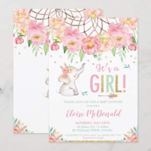 Invitación Elefante Chica Baby Shower Boho Pink Mint Floral