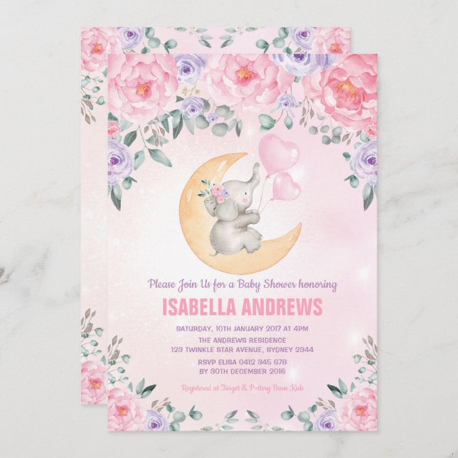 Invitación Elefante chica Baby Shower / Floral púrpura rosa (Anverso / Reverso)