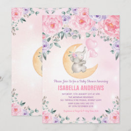 Invitación Elefante chica Baby Shower / Floral púrpura rosa