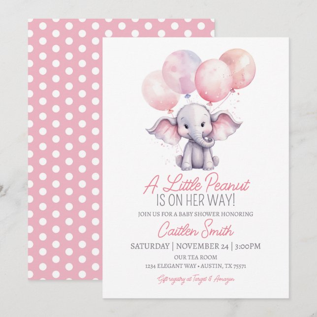 Invitación Elefante chica Baby Shower Pink Gray Polkadots (Anverso / Reverso)