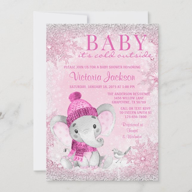 Invitación Elefante chica bebe frío fuera de Baby Shower (Anverso)