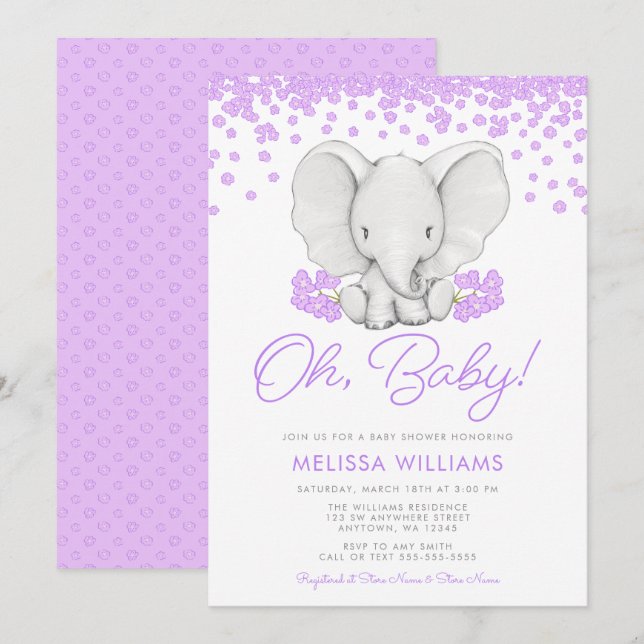 Invitación Elefante Chica de flores moradas Baby Shower invit (Anverso / Reverso)