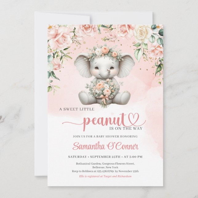 Invitación elefante chica dulce con flores de color (Anverso)