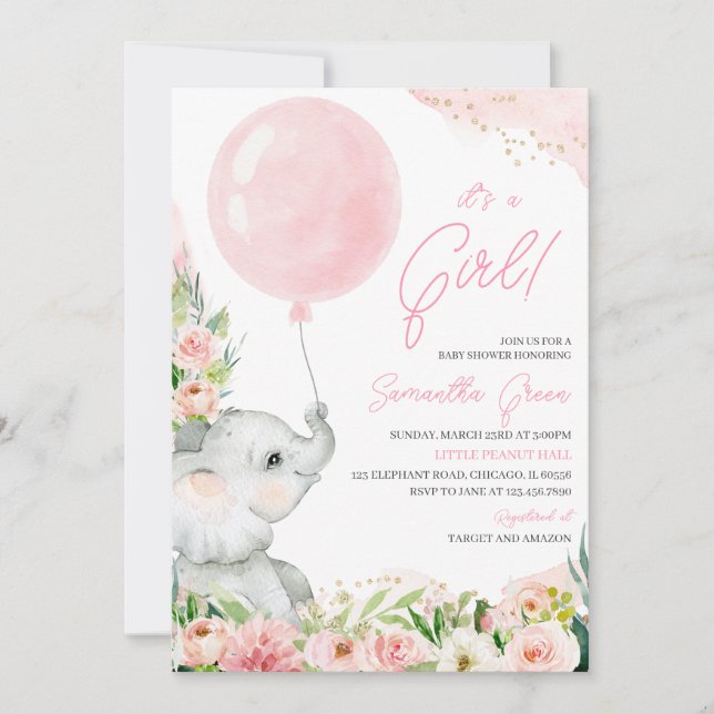 Invitación Elefante Chica Floral Rosa Baby Shower (Anverso)