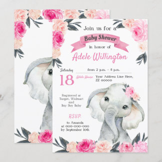 Invitación Elefante chica Floral Rosa Rosa Rosada Rústica Ele