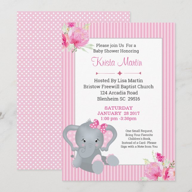 Invitación Elefante chica Floral trae un libro en Baby Shower (Anverso / Reverso)