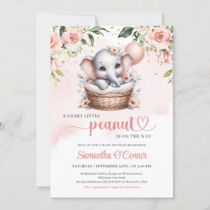 Invitación elefante chica lindo en canasta de flores y globo