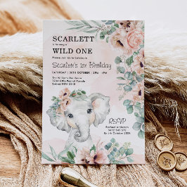 Invitación Elefante chica Primer cumpleaños Rubor Floral Euca