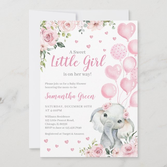 Invitación Elefante Chica Rosa Baby Shower (Anverso)