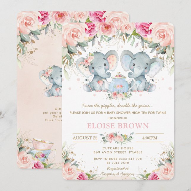 Invitación Elefante Chica Twin Boy Tea Floral Rosa Baby Showe (Anverso / Reverso)