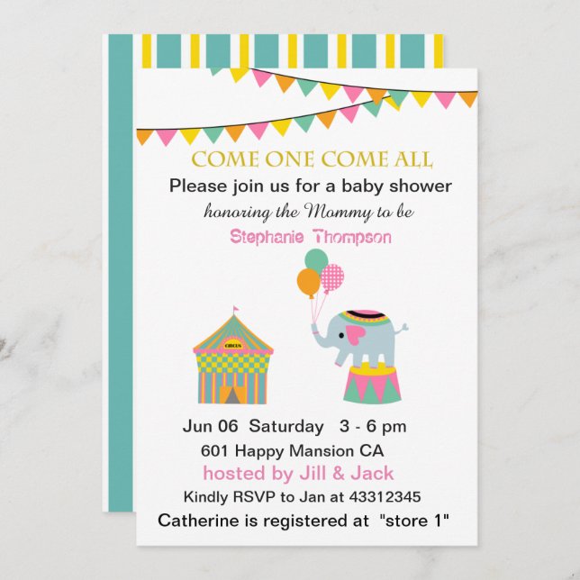 Invitación Elefante circo con Baby Shower en Banting (Anverso / Reverso)