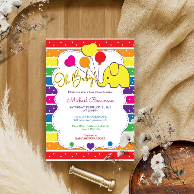 Invitación Elefante color arcoiris Oh Baby Shower (Subido por el creador)