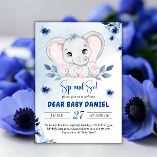 Invitación Elefante Con Anémonas Azules Acuarela Bebeando Y V