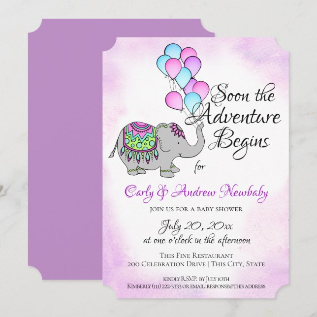 Invitación Elefante con Baby Shower de los globos (Anverso / Reverso)
