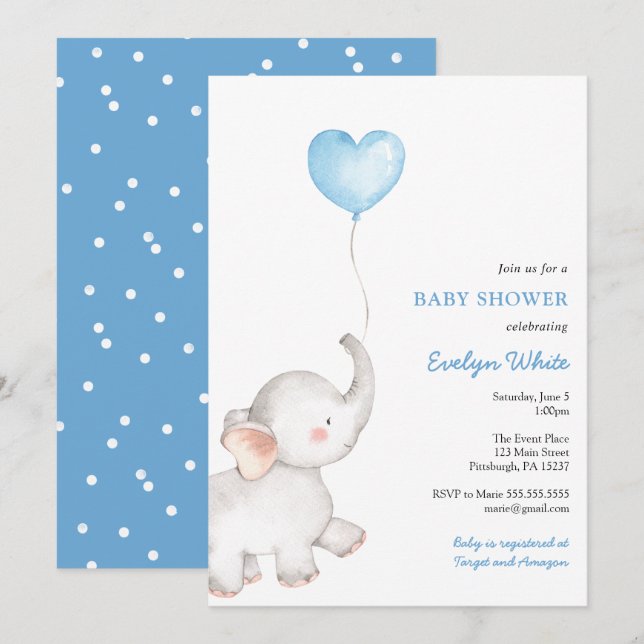 Invitación Elefante con Baby Shower en globo azul (Anverso / Reverso)