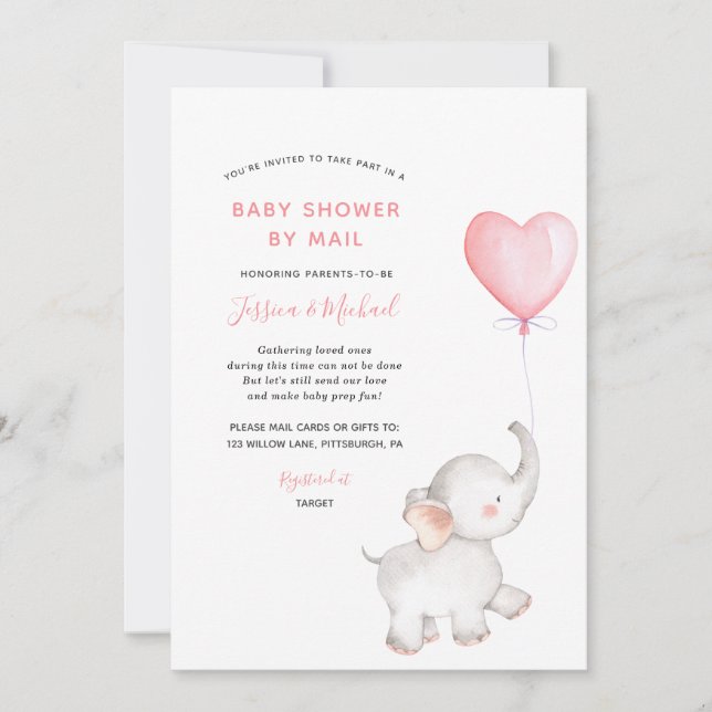 Invitación Elefante con Baby Shower en globo rosa por correo (Anverso)