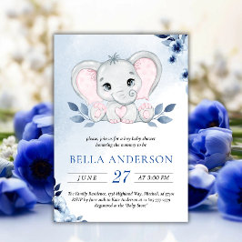 Invitación Elefante con color de agua azul anemónico Baby Sho