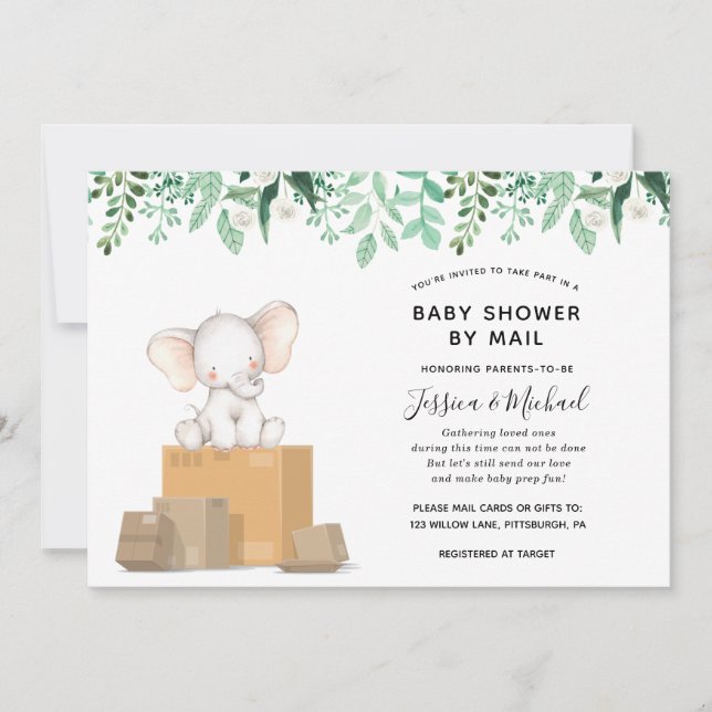 Invitación Elefante con el Baby Shower verde por correo (Anverso)