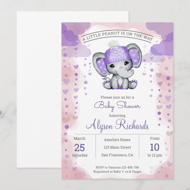 Invitación Elefante con sombrero púrpuraInvitación a ducha pa (Anverso / Reverso)