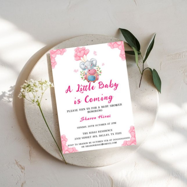 Invitación Elefante Cuaderno Y Baby Shower De Globo Rosa (Subido por el creador)