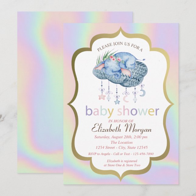 Invitación Elefante cutáneo, floral, Baby Shower holográfico (Anverso / Reverso)