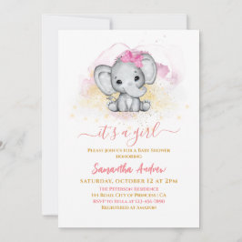 Invitación Elefante Cute Adorable Rosa Oro Niña Ducha