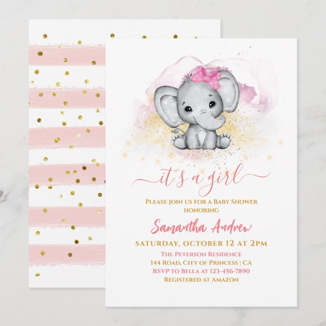 Invitación Elefante Cute Adorable Rosa Oro Niña Ducha (Anverso / Reverso)