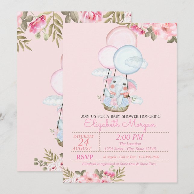 Invitación Elefante Cute,Baby Shower con globo aerostático (Anverso / Reverso)
