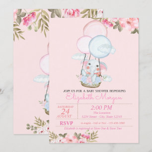 Invitación Elefante Cute,Baby Shower con globo aerostático