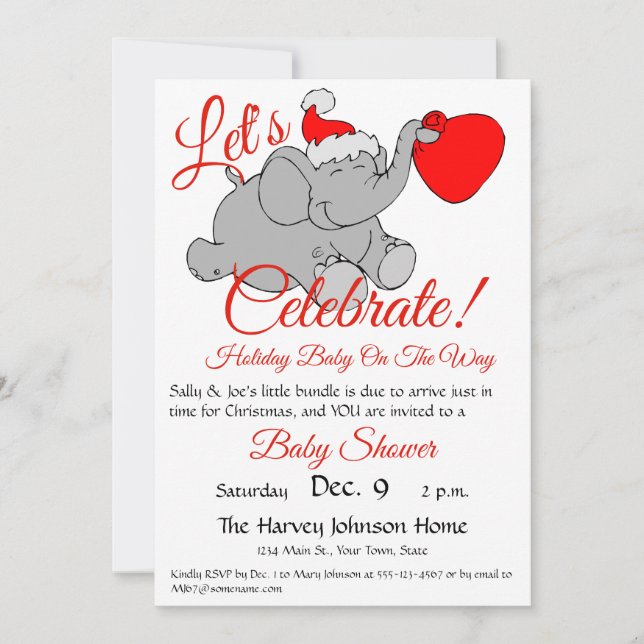 Invitación Elefante Cute, Baby Shower Red Santa Hat y Bundle (Anverso)
