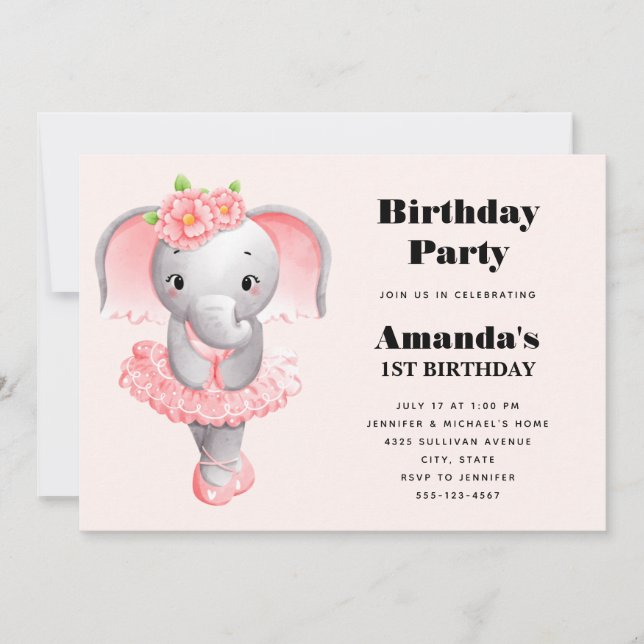 Invitación Elefante Cute Ballerina Cumpleaños Rosa y Gris (Anverso)